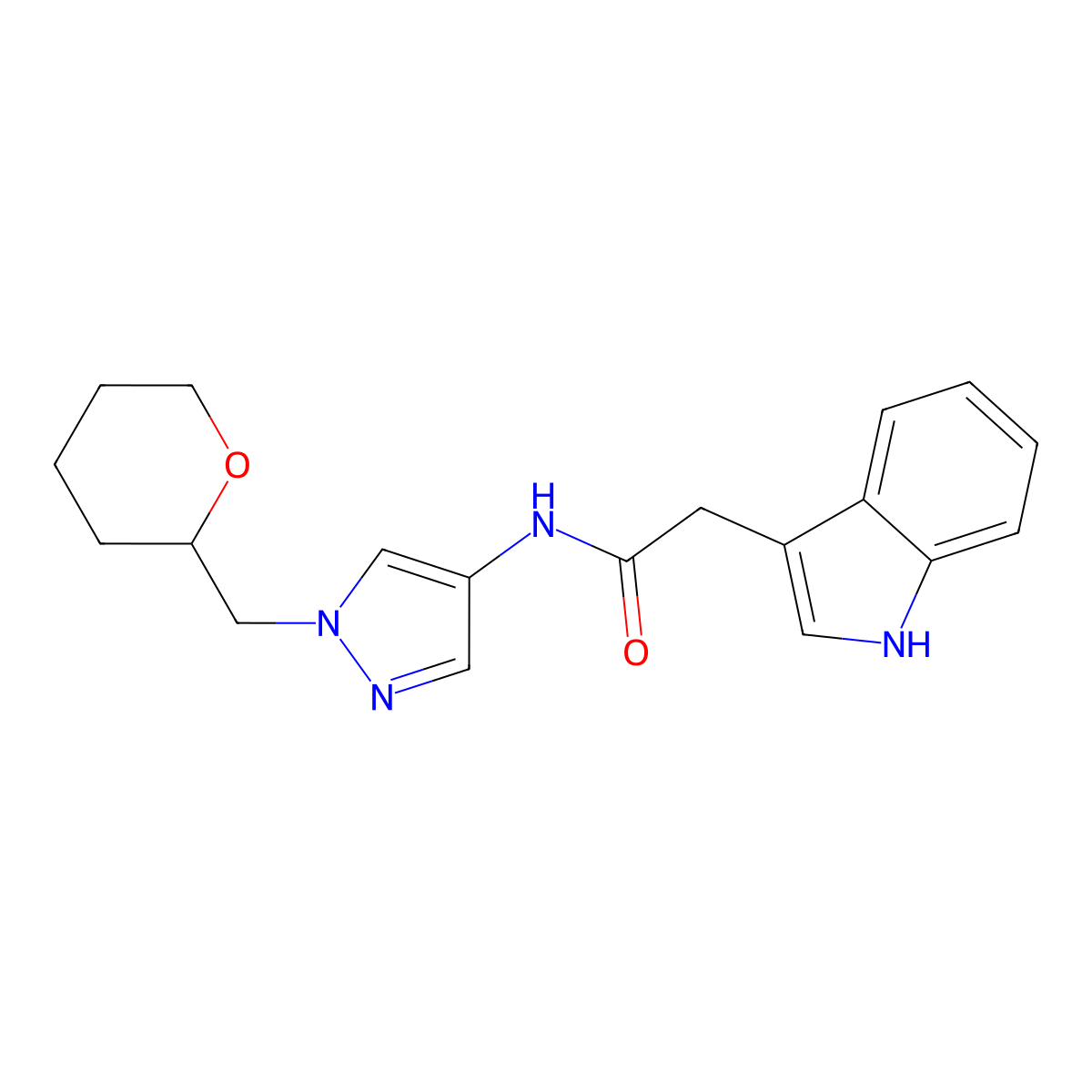2-(1H-indol-3-yl)-N-(1-((tetrahydro-2H-pyran-2-yl)methyl)-1H-pyrazol-4-yl)acetamide molecular structure, CAS 2034556-16-4