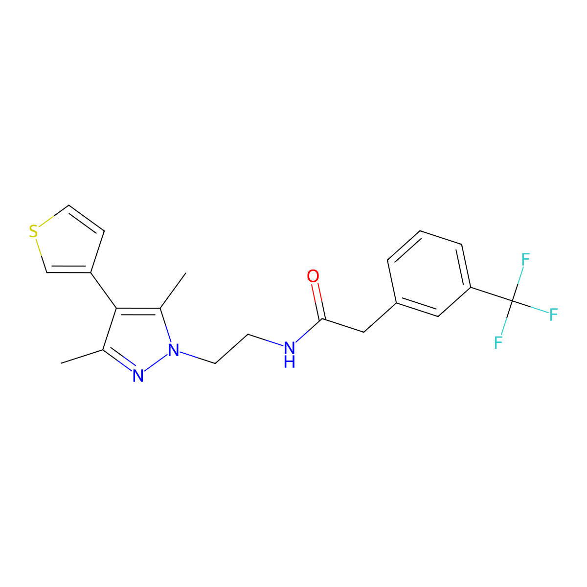 N-{2-[3,5-dimethyl-4-(thiophen-3-yl)-1H-pyrazol-1-yl]ethyl}-2-[3-(trifluoromethyl)phenyl]acetamide molecular structure, CAS 2034556-20-0