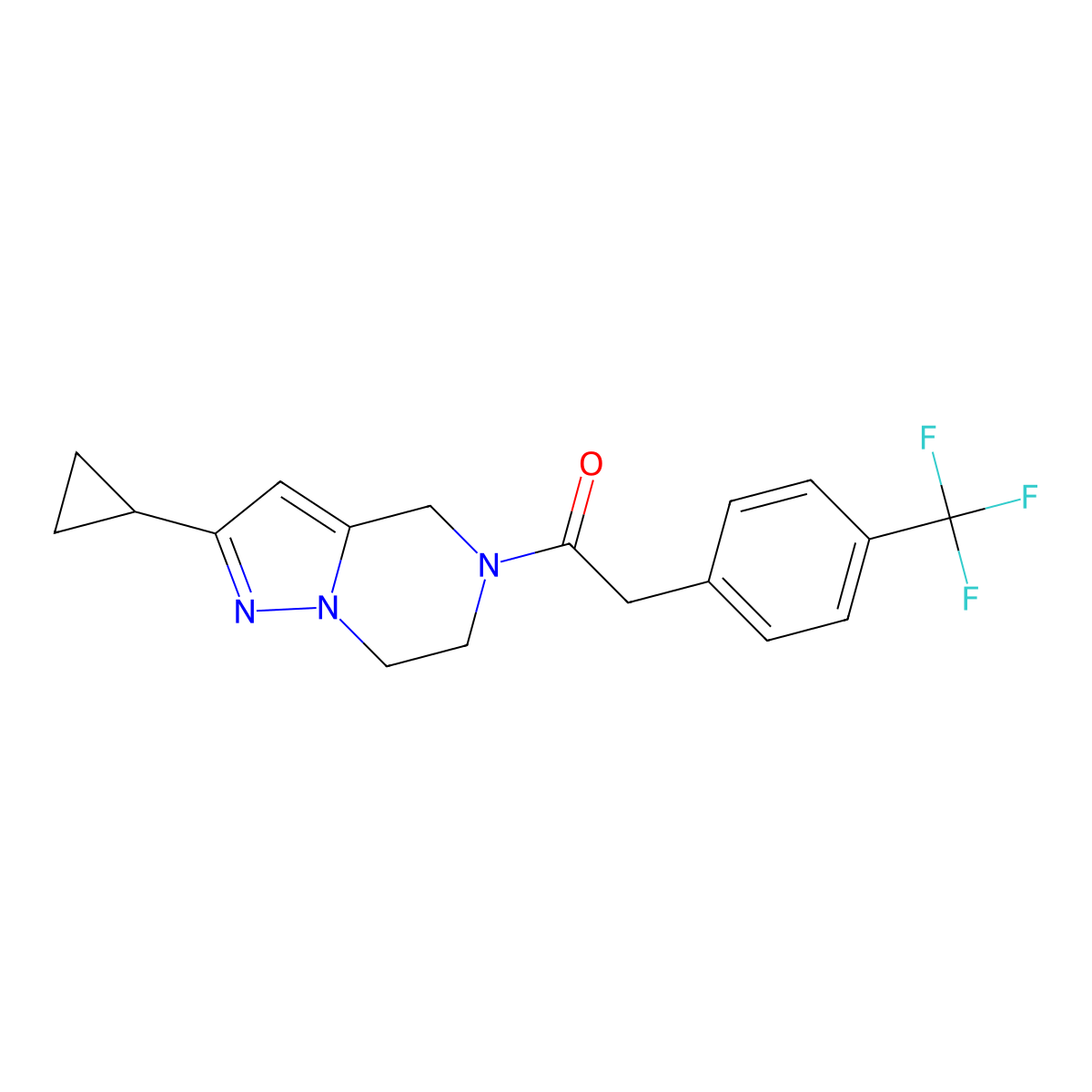 1-(2-cyclopropyl-6,7-dihydropyrazolo[1,5-a]pyrazin-5(4H)-yl)-2-(4-(trifluoromethyl)phenyl)ethanone molecular structure, CAS 2034556-21-1
