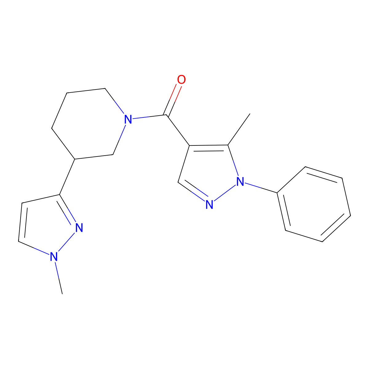 (5-methyl-1-phenyl-1H-pyrazol-4-yl)(3-(1-methyl-1H-pyrazol-3-yl)piperidin-1-yl)methanone molecular structure, CAS 2034556-22-2