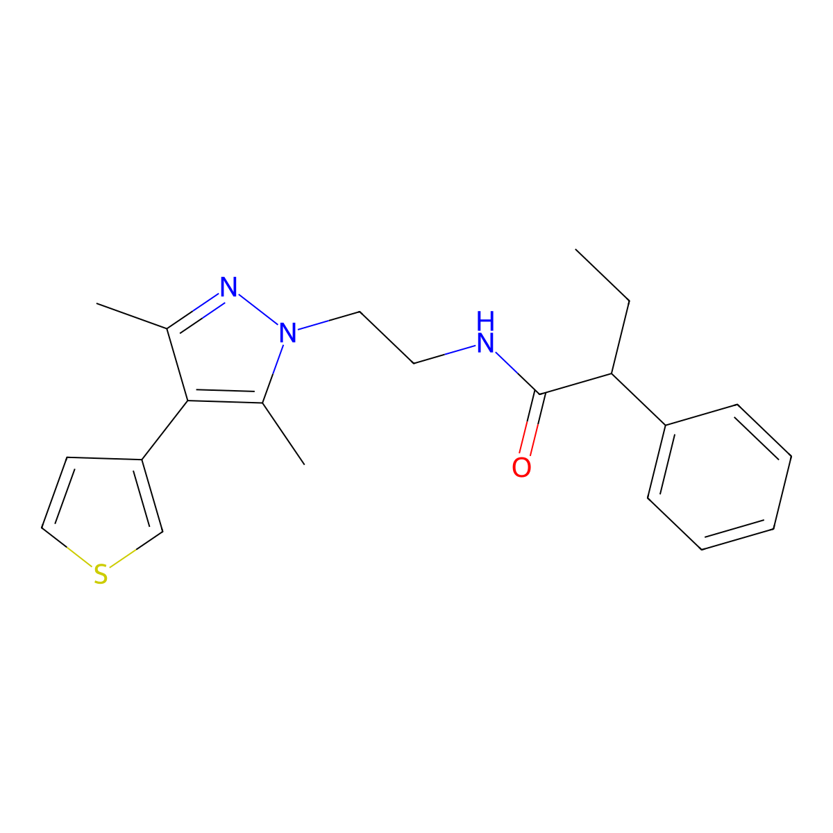 N-{2-[3,5-dimethyl-4-(thiophen-3-yl)-1H-pyrazol-1-yl]ethyl}-2-phenylbutanamide molecular structure, CAS 2034556-23-3