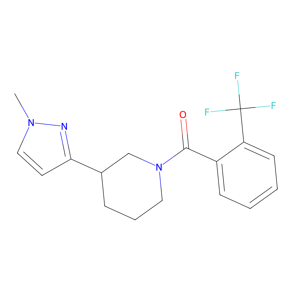 (3-(1-methyl-1H-pyrazol-3-yl)piperidin-1-yl)(2-(trifluoromethyl)phenyl)methanone molecular structure, CAS 2034556-27-7