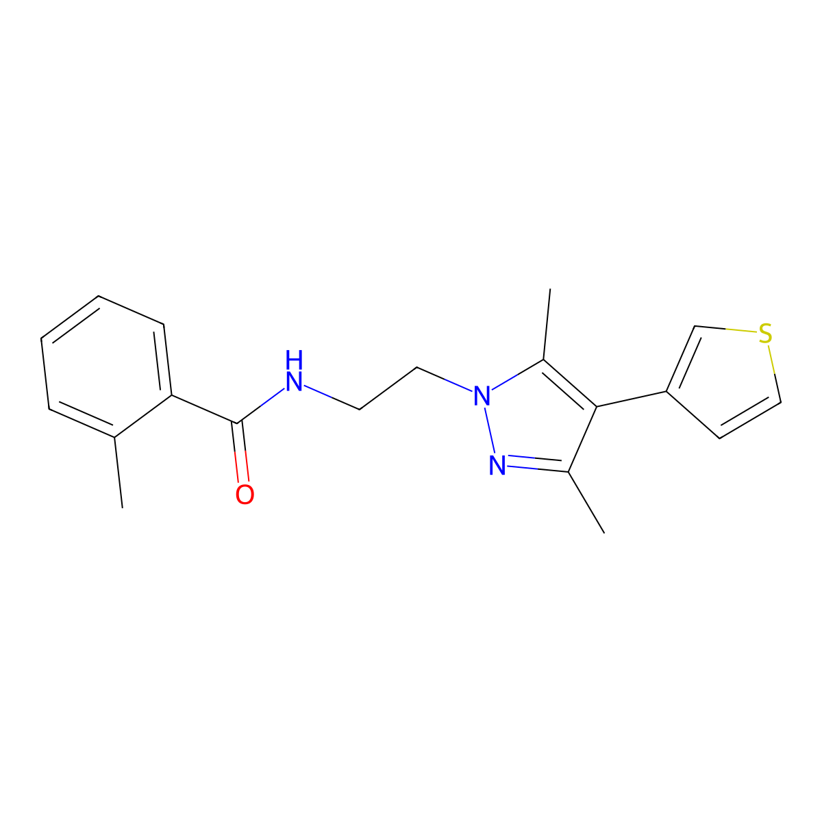 N-{2-[3,5-dimethyl-4-(thiophen-3-yl)-1H-pyrazol-1-yl]ethyl}-2-methylbenzamide molecular structure, CAS 2034556-34-6