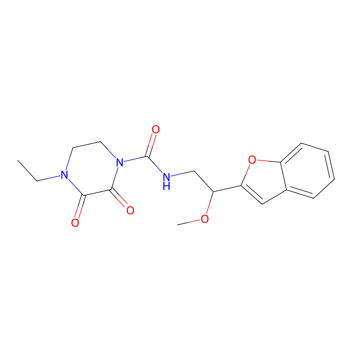 N-(2-(benzofuran-2-yl)-2-methoxyethyl)-4-ethyl-2,3-dioxopiperazine-1-carboxamide molecular structure, CAS 2034556-38-0
