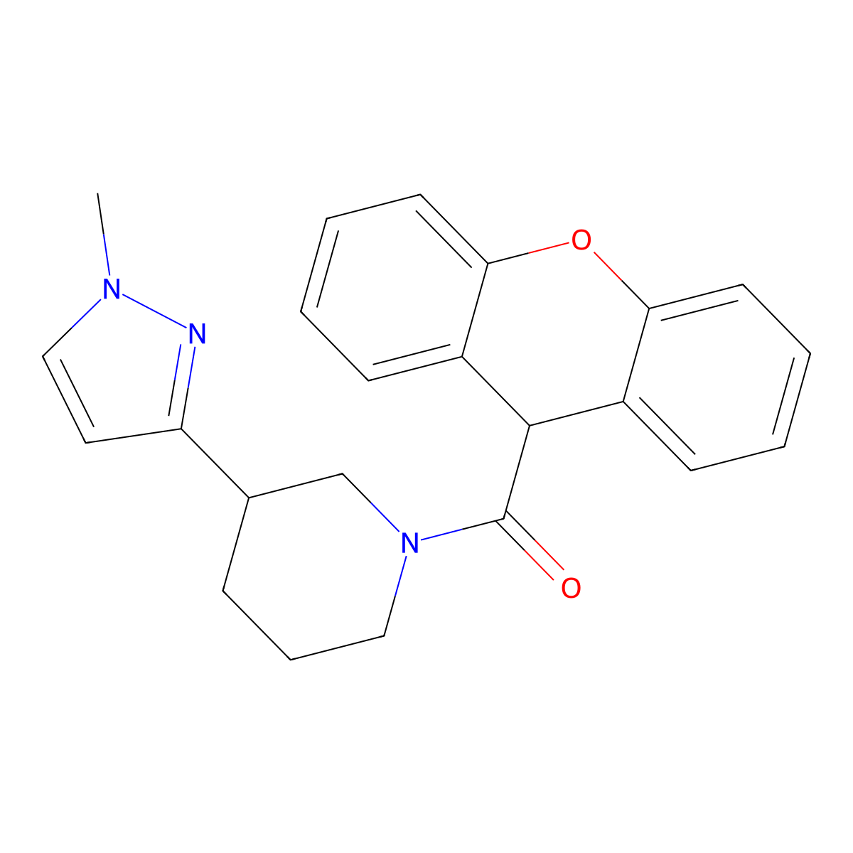 (3-(1-methyl-1H-pyrazol-3-yl)piperidin-1-yl)(9H-xanthen-9-yl)methanone molecular structure, CAS 2034556-43-7