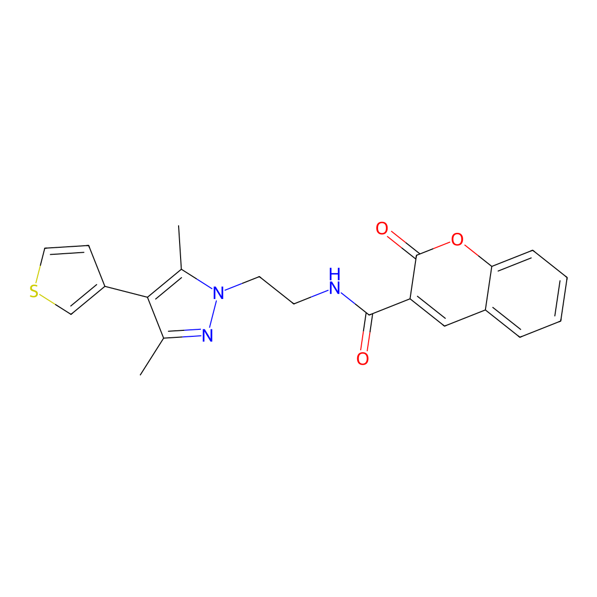 N-(2-(3,5-dimethyl-4-(thiophen-3-yl)-1H-pyrazol-1-yl)ethyl)-2-oxo-2H-chromene-3-carboxamide molecular structure, CAS 2034556-45-9