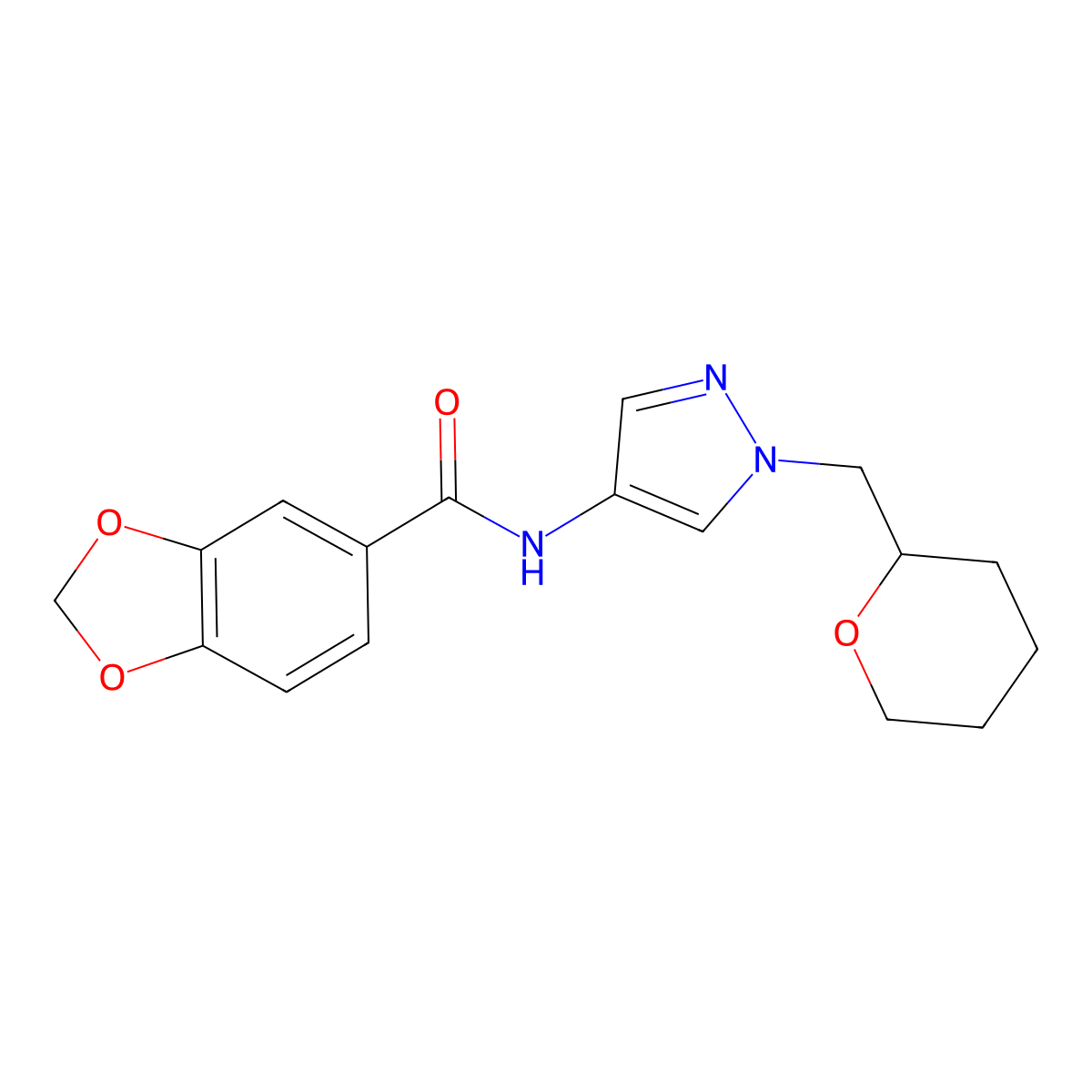 N-(1-((tetrahydro-2H-pyran-2-yl)methyl)-1H-pyrazol-4-yl)benzo[d][1,3]dioxole-5-carboxamide molecular structure, CAS 2034556-47-1