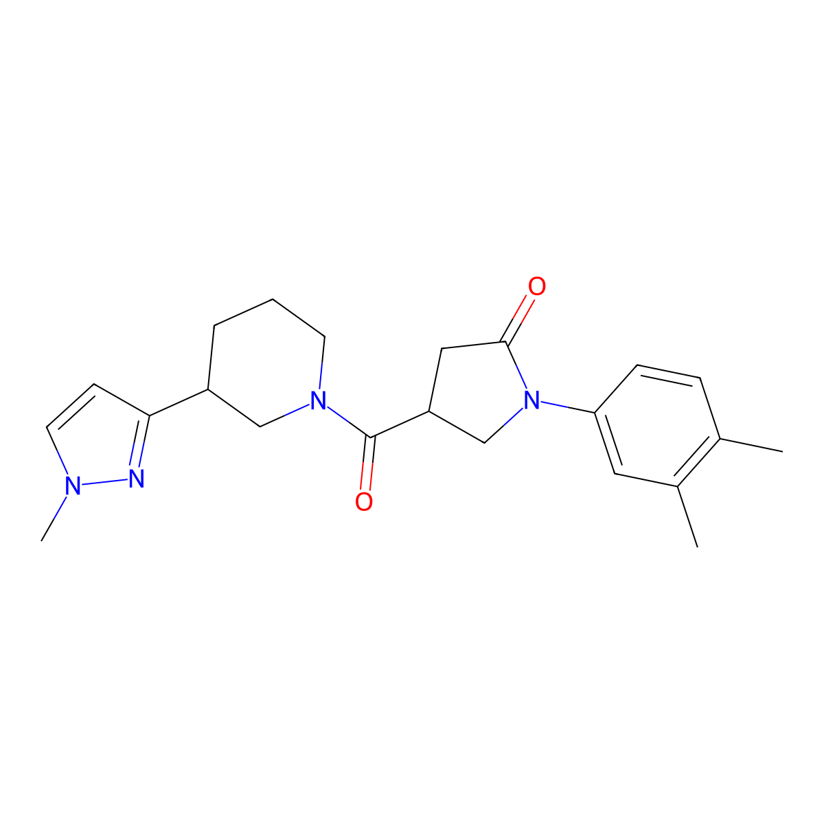 1-(3,4-dimethylphenyl)-4-[3-(1-methyl-1H-pyrazol-3-yl)piperidine-1-carbonyl]pyrrolidin-2-one molecular structure, CAS 2034556-51-7