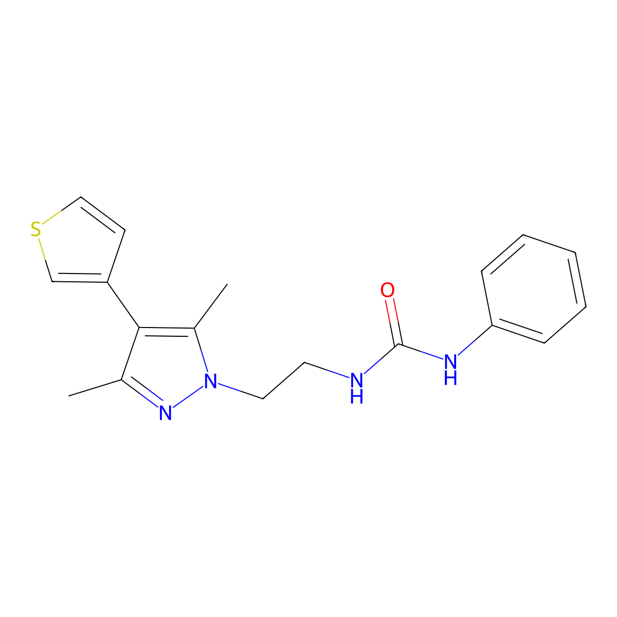 1-(2-(3,5-dimethyl-4-(thiophen-3-yl)-1H-pyrazol-1-yl)ethyl)-3-phenylurea molecular structure, CAS 2034556-54-0