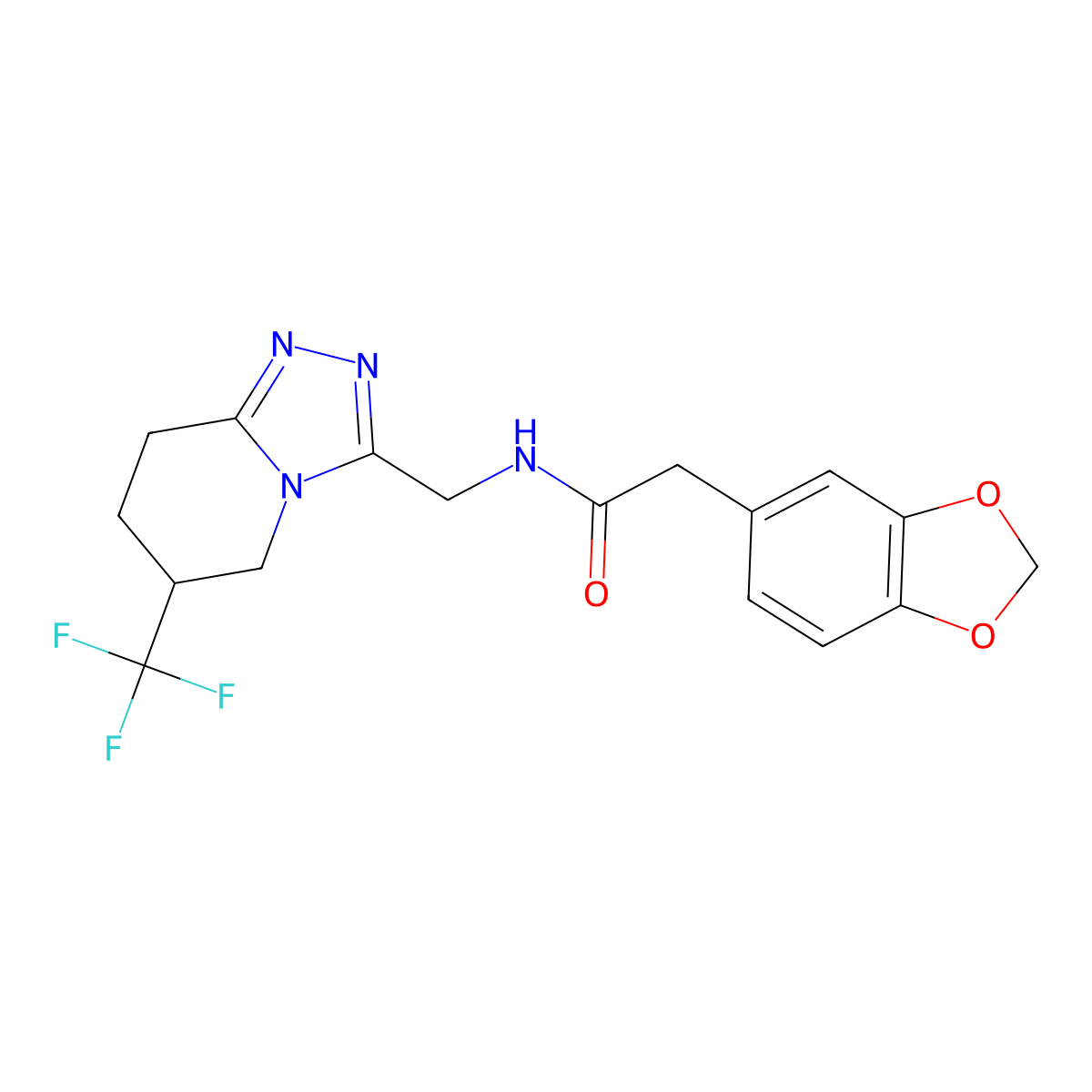 2-(benzo[d][1,3]dioxol-5-yl)-N-((6-(trifluoromethyl)-5,6,7,8-tetrahydro-[1,2,4]triazolo[4,3-a]pyridin-3-yl)methyl)acetamide molecular structure, CAS 2034556-55-1