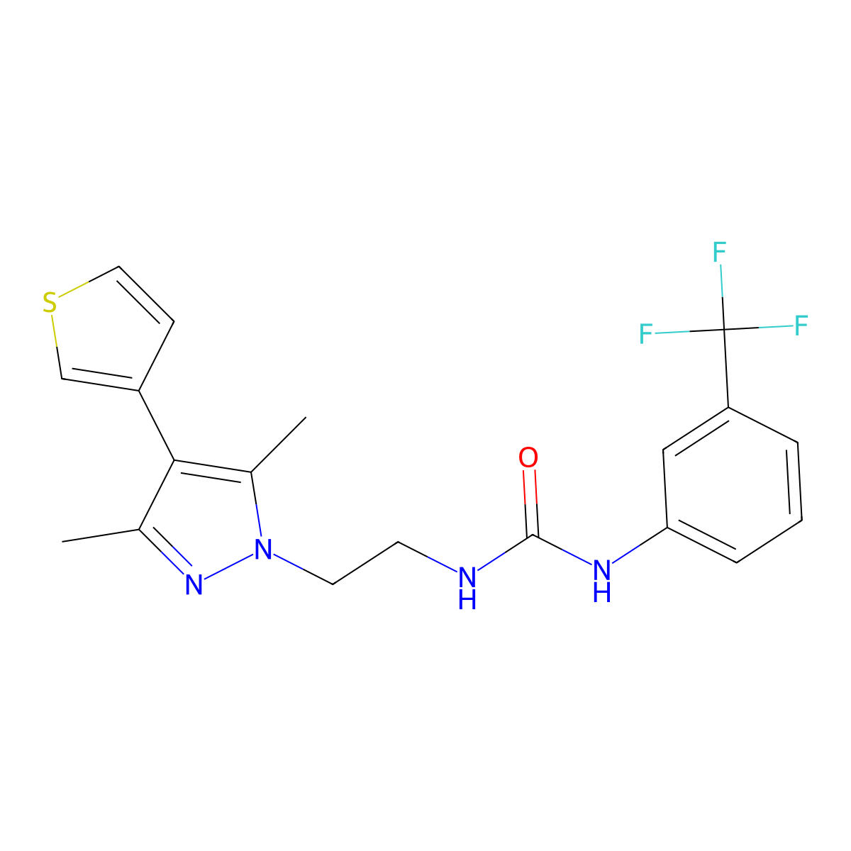 1-(2-(3,5-dimethyl-4-(thiophen-3-yl)-1H-pyrazol-1-yl)ethyl)-3-(3-(trifluoromethyl)phenyl)urea molecular structure, CAS 2034556-59-5