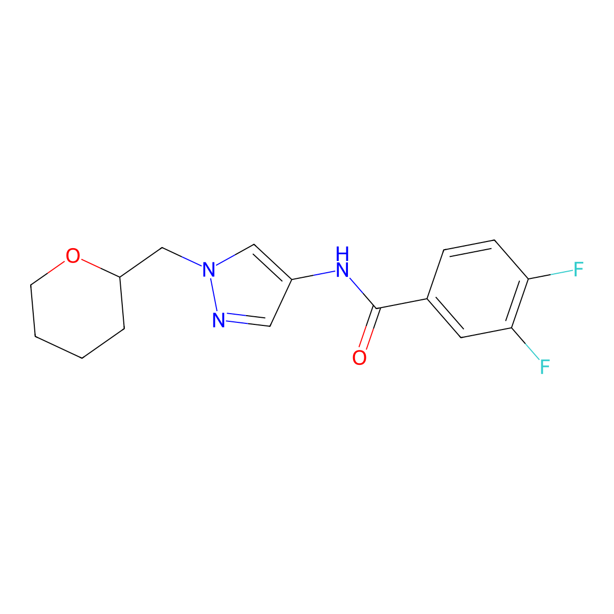 3,4-difluoro-N-(1-((tetrahydro-2H-pyran-2-yl)methyl)-1H-pyrazol-4-yl)benzamide molecular structure, CAS 2034556-67-5