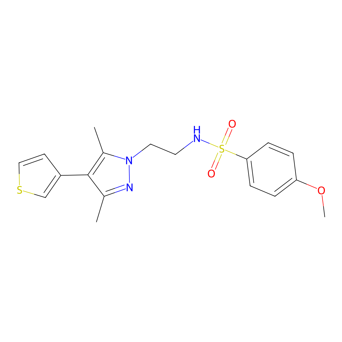 N-(2-(3,5-dimethyl-4-(thiophen-3-yl)-1H-pyrazol-1-yl)ethyl)-4-methoxybenzenesulfonamide molecular structure, CAS 2034556-77-7
