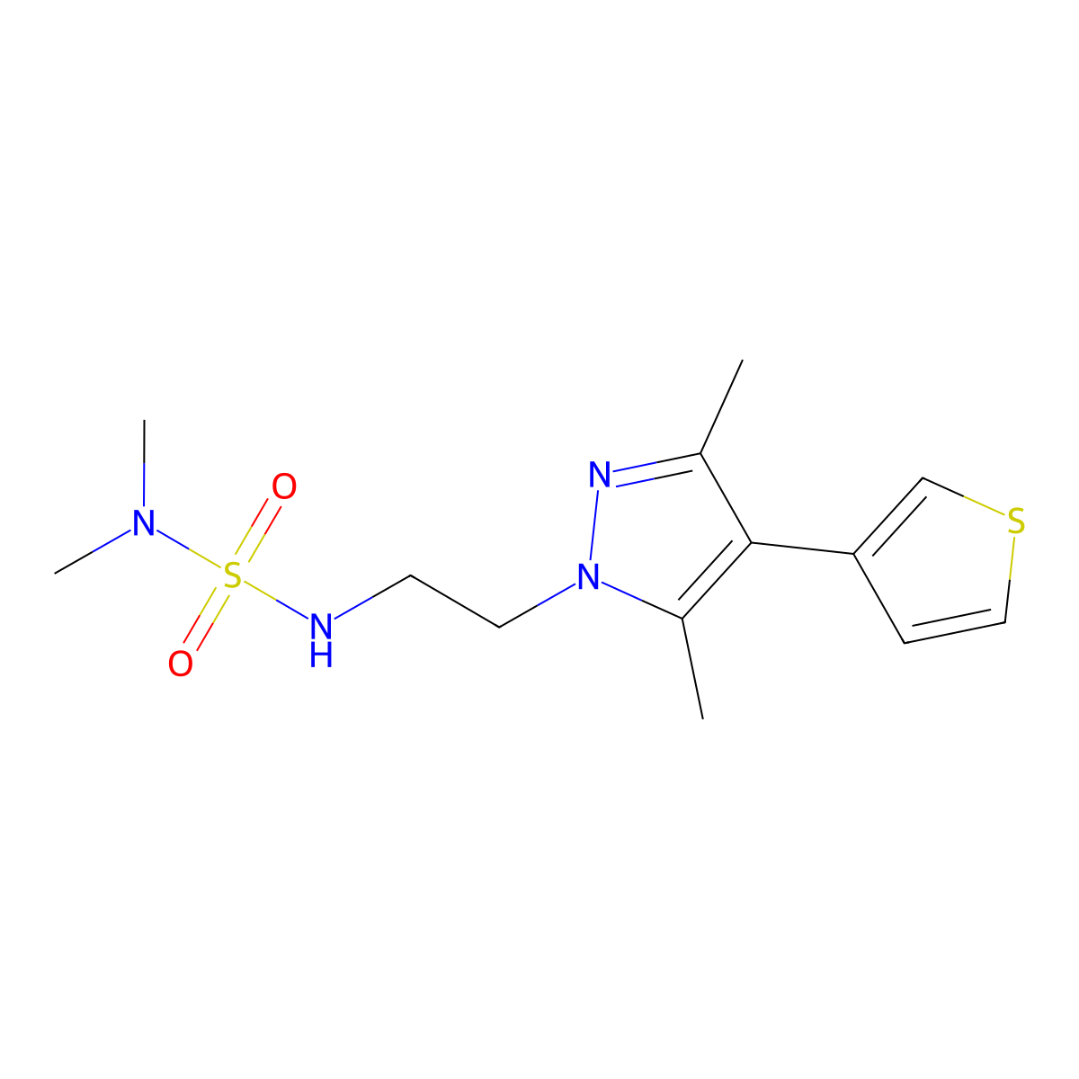 ({2-[3,5-dimethyl-4-(thiophen-3-yl)-1H-pyrazol-1-yl]ethyl}sulfamoyl)dimethylamine molecular structure, CAS 2034556-79-9