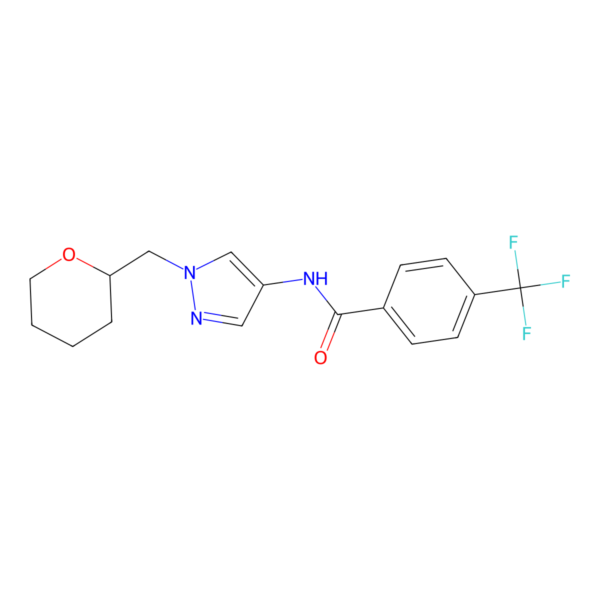 N-(1-((tetrahydro-2H-pyran-2-yl)methyl)-1H-pyrazol-4-yl)-4-(trifluoromethyl)benzamide molecular structure, CAS 2034556-82-4