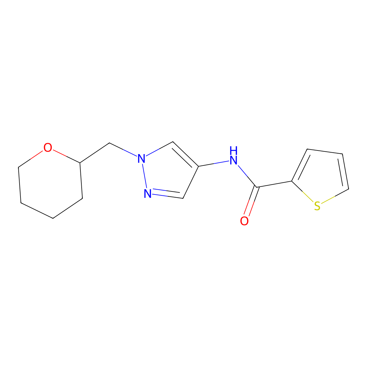 N-(1-((tetrahydro-2H-pyran-2-yl)methyl)-1H-pyrazol-4-yl)thiophene-2-carboxamide molecular structure, CAS 2034556-87-9