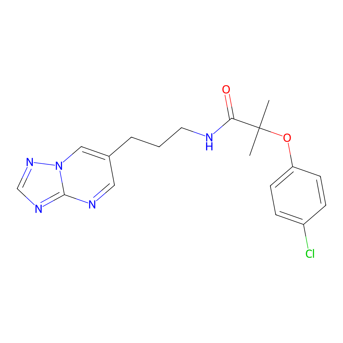 N-(3-([1,2,4]triazolo[1,5-a]pyrimidin-6-yl)propyl)-2-(4-chlorophenoxy)-2-methylpropanamide molecular structure, CAS 2034556-94-8