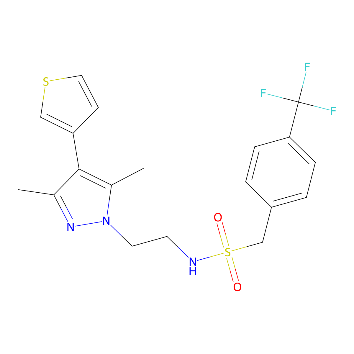 N-(2-(3,5-dimethyl-4-(thiophen-3-yl)-1H-pyrazol-1-yl)ethyl)-1-(4-(trifluoromethyl)phenyl)methanesulfonamide molecular structure, CAS 2034556-95-9