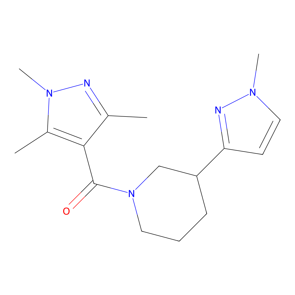 (3-(1-methyl-1H-pyrazol-3-yl)piperidin-1-yl)(1,3,5-trimethyl-1H-pyrazol-4-yl)methanone molecular structure, CAS 2034556-98-2