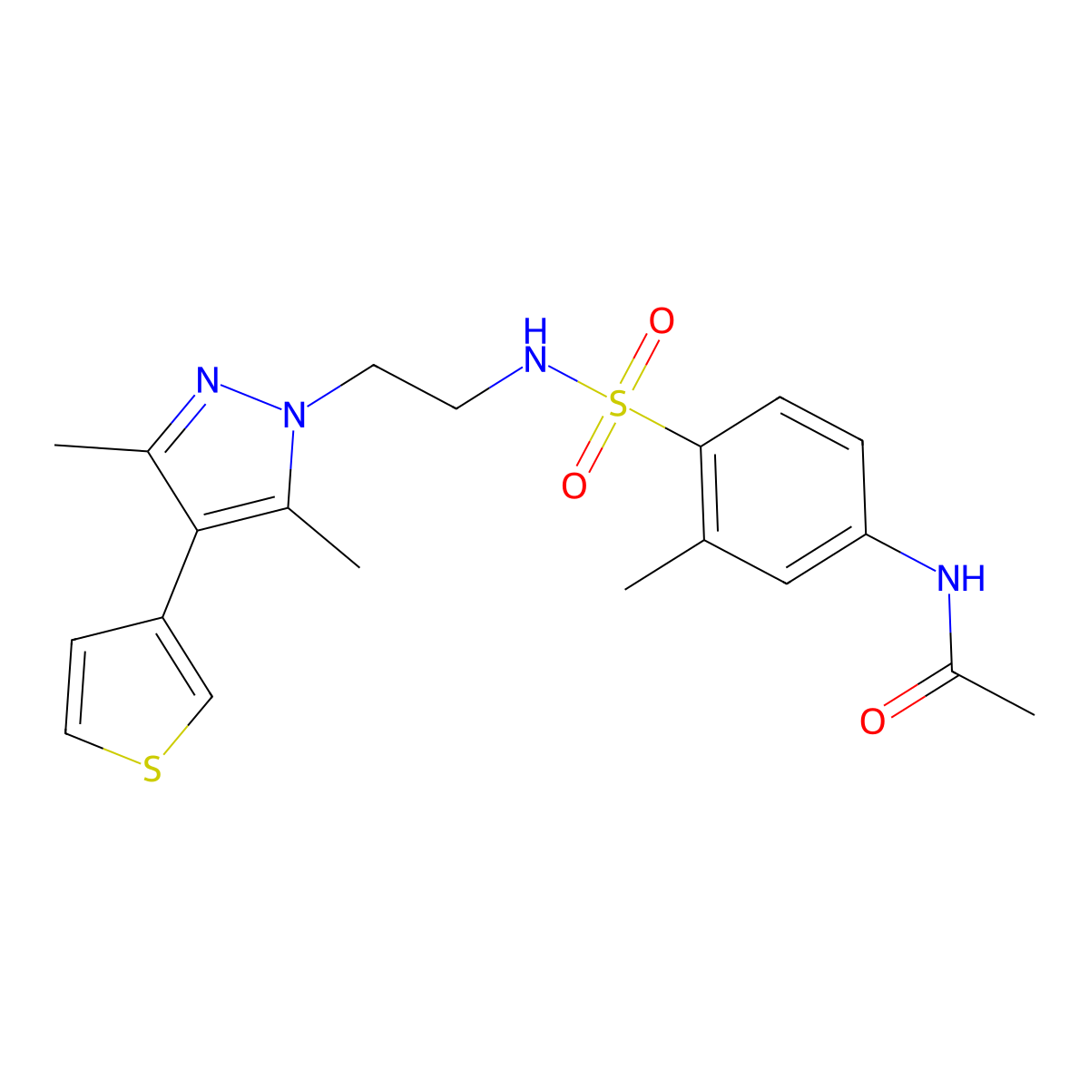 N-(4-(N-(2-(3,5-dimethyl-4-(thiophen-3-yl)-1H-pyrazol-1-yl)ethyl)sulfamoyl)-3-methylphenyl)acetamide molecular structure, CAS 2034557-01-0
