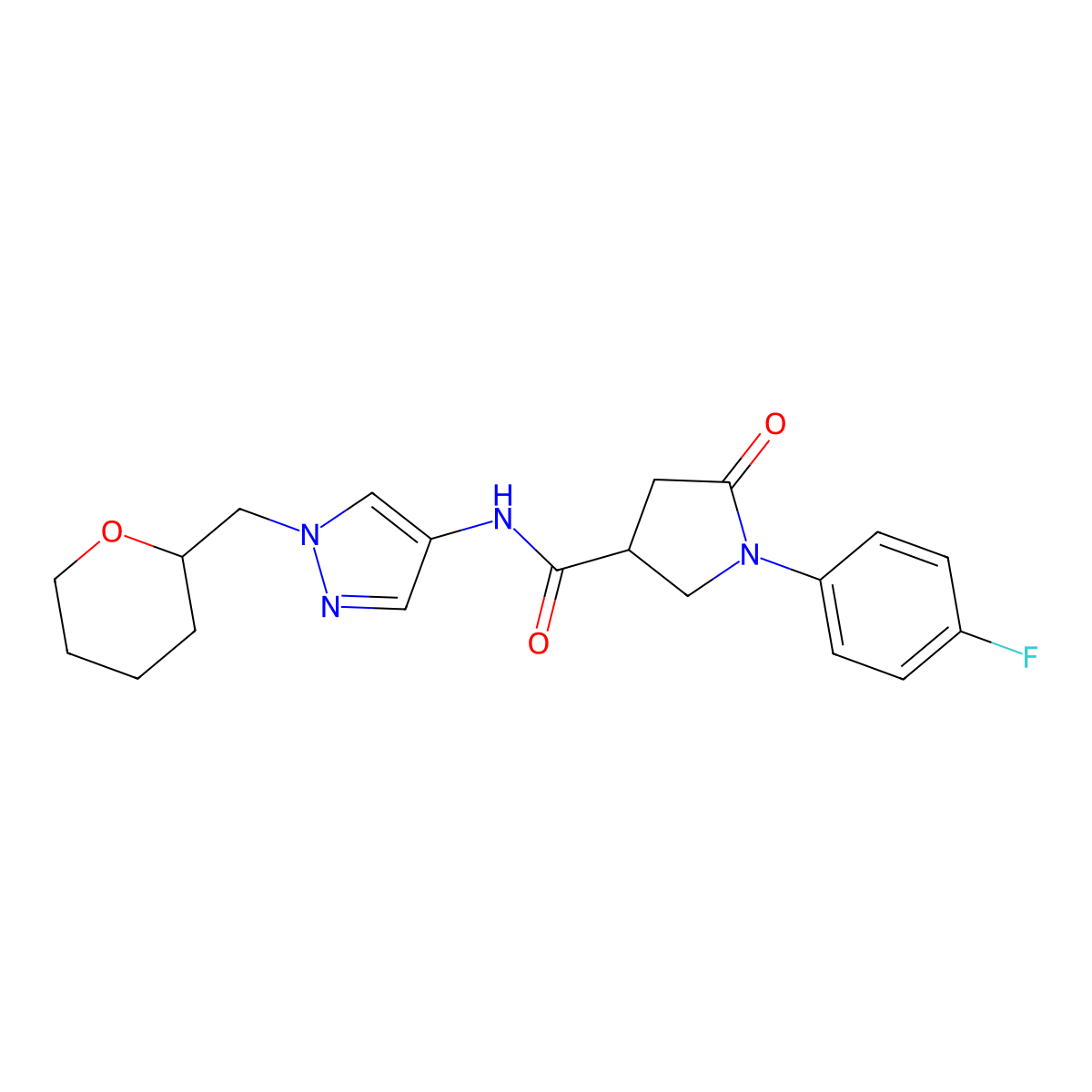 1-(4-fluorophenyl)-5-oxo-N-(1-((tetrahydro-2H-pyran-2-yl)methyl)-1H-pyrazol-4-yl)pyrrolidine-3-carboxamide molecular structure, CAS 2034557-03-2