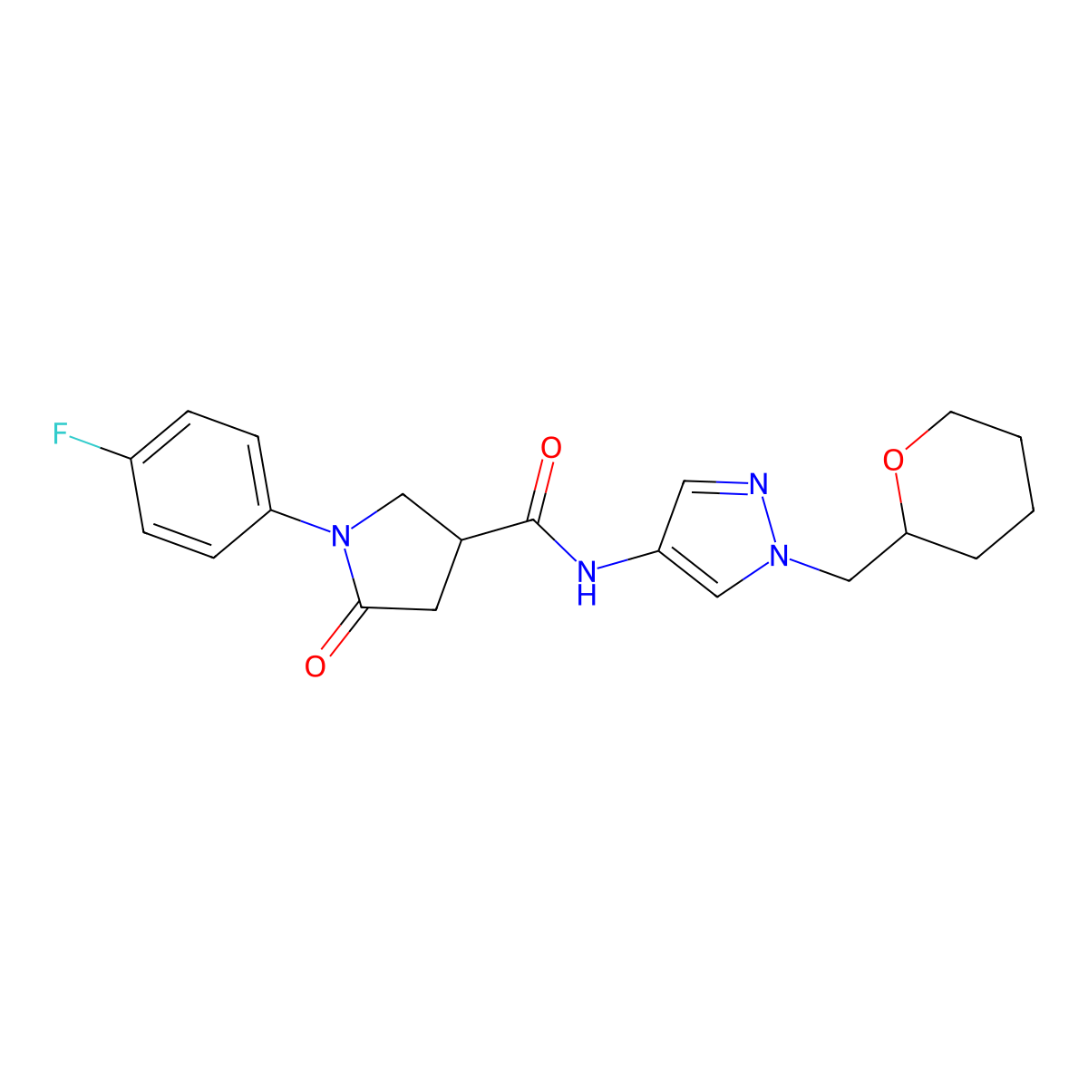 1-(4-fluorophenyl)-5-oxo-N-(1-((tetrahydro-2H-pyran-2-yl)methyl)-1H-pyrazol-4-yl)pyrrolidine-3-carboxamide molecular structure, CAS 2034557-03-2