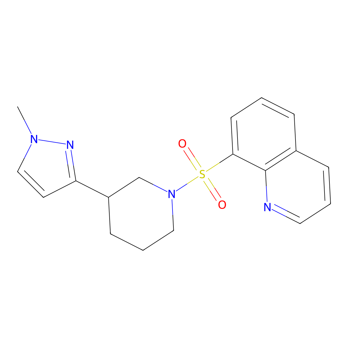 8-{[3-(1-methyl-1H-pyrazol-3-yl)piperidin-1-yl]sulfonyl}quinoline molecular structure, CAS 2034557-08-7