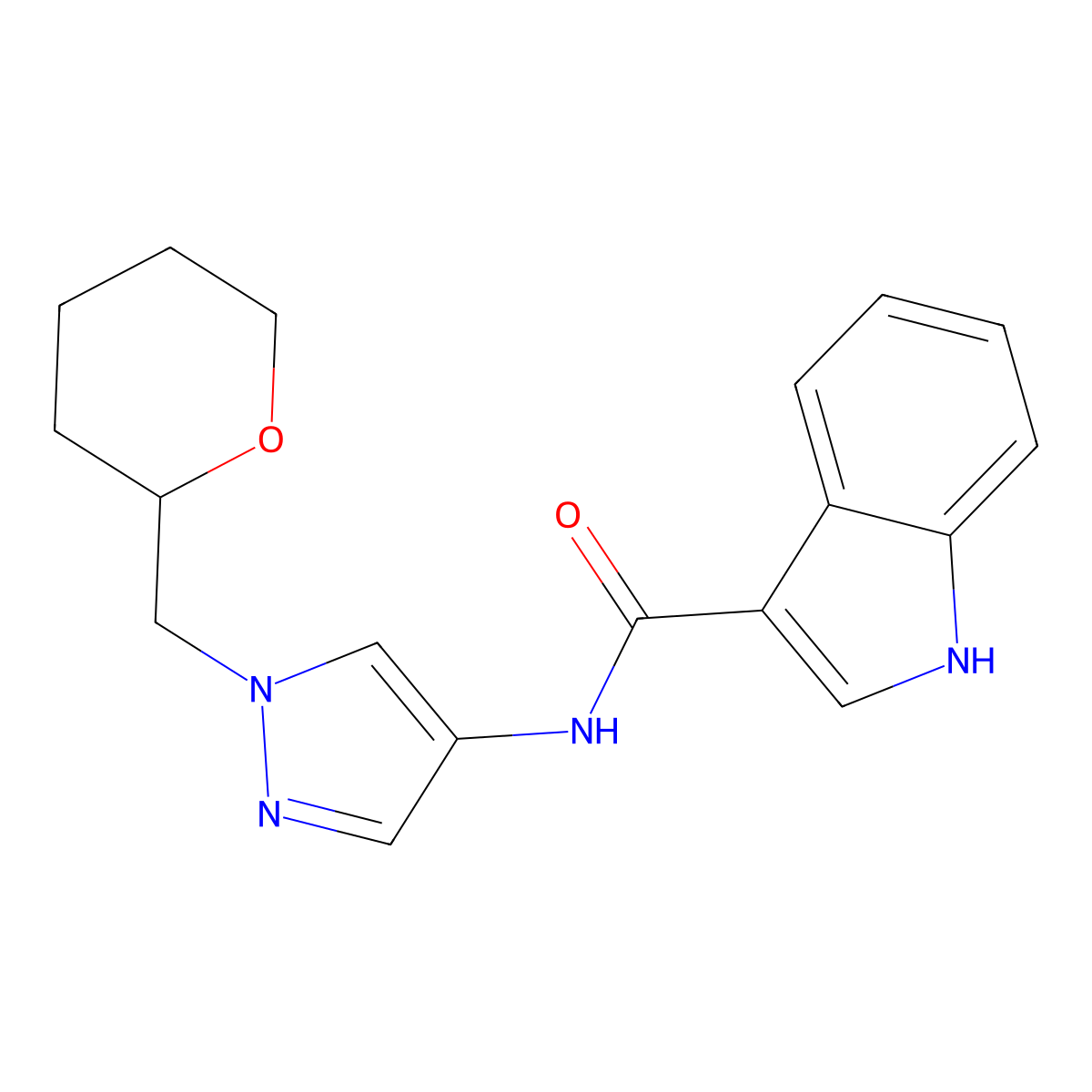 N-(1-((tetrahydro-2H-pyran-2-yl)methyl)-1H-pyrazol-4-yl)-1H-indole-3-carboxamide molecular structure, CAS 2034557-10-1
