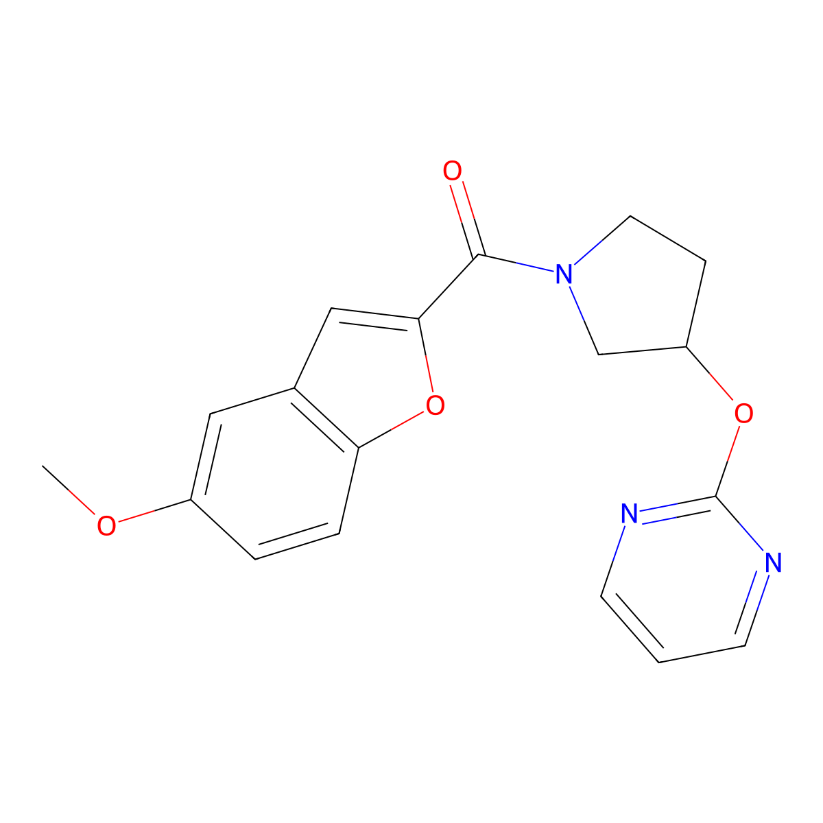 (5-Methoxybenzofuran-2-yl)(3-(pyrimidin-2-yloxy)pyrrolidin-1-yl)methanone molecular structure, CAS 2034557-11-2