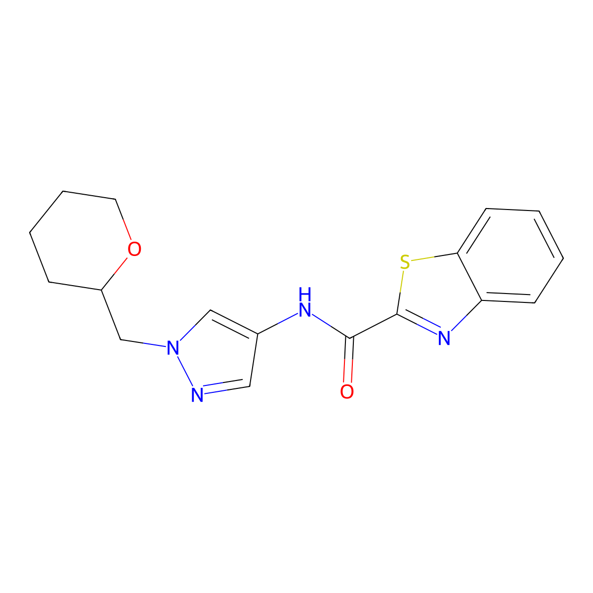 N-(1-((tetrahydro-2H-pyran-2-yl)methyl)-1H-pyrazol-4-yl)benzo[d]thiazole-2-carboxamide molecular structure, CAS 2034557-16-7