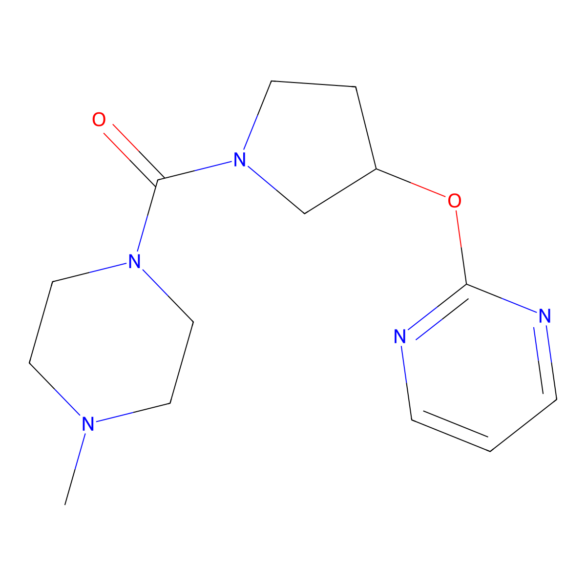 (4-Methylpiperazin-1-yl)(3-(pyrimidin-2-yloxy)pyrrolidin-1-yl)methanone molecular structure, CAS 2034557-17-8