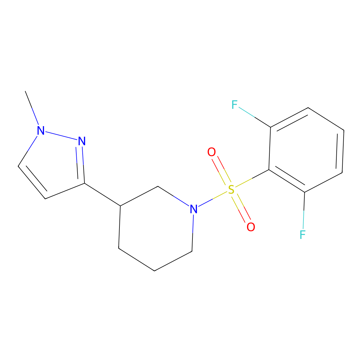 1-((2,6-difluorophenyl)sulfonyl)-3-(1-methyl-1H-pyrazol-3-yl)piperidine molecular structure, CAS 2034557-21-4