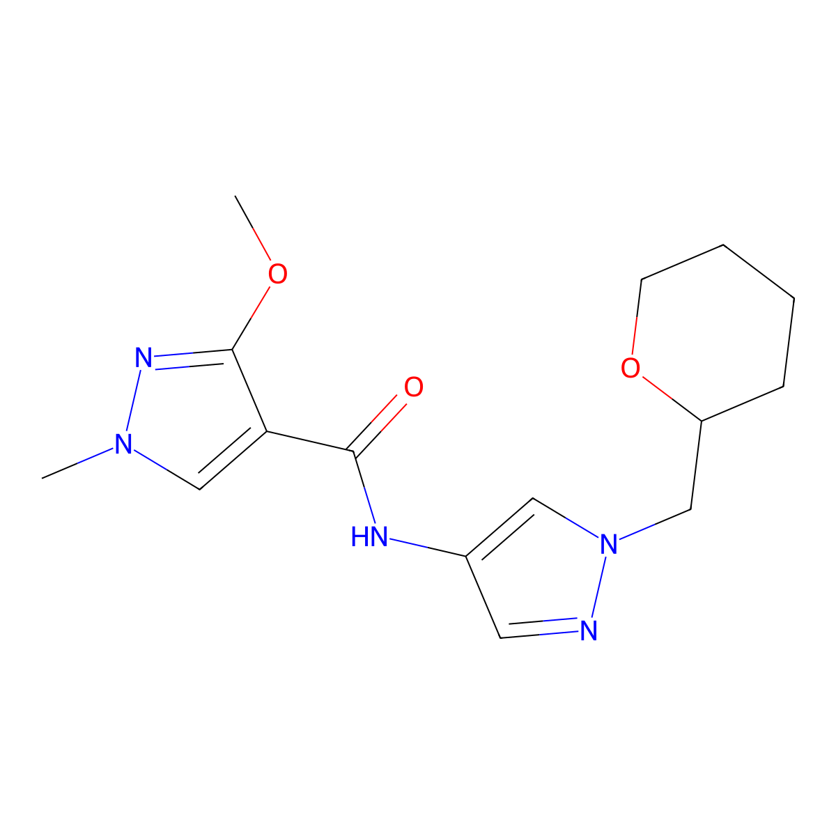 3-methoxy-1-methyl-N-(1-((tetrahydro-2H-pyran-2-yl)methyl)-1H-pyrazol-4-yl)-1H-pyrazole-4-carboxamide molecular structure, CAS 2034557-22-5