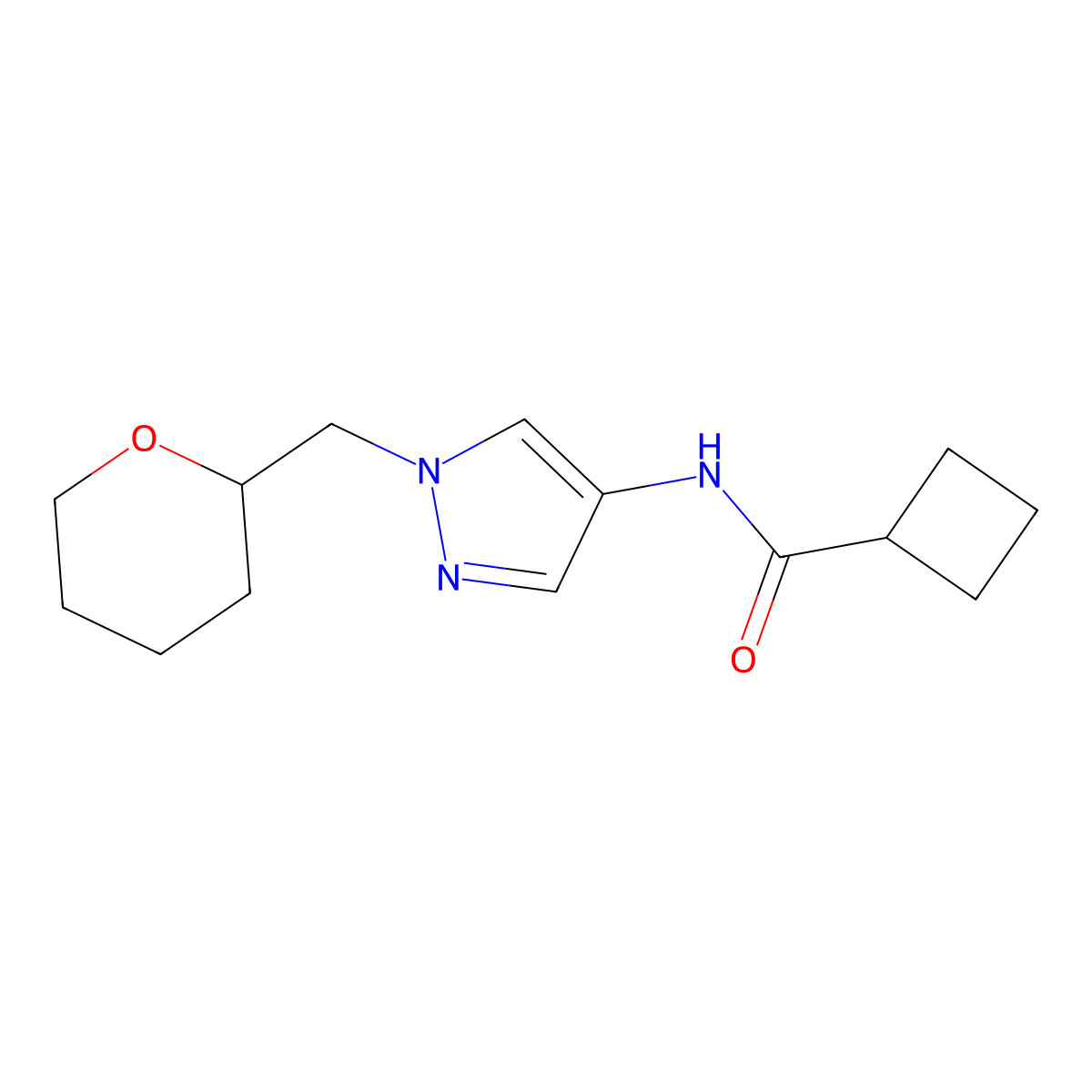 N-(1-((tetrahydro-2H-pyran-2-yl)methyl)-1H-pyrazol-4-yl)cyclobutanecarboxamide molecular structure, CAS 2034557-30-5