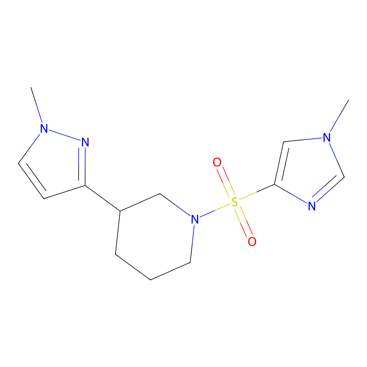 1-((1-methyl-1H-imidazol-4-yl)sulfonyl)-3-(1-methyl-1H-pyrazol-3-yl)piperidine molecular structure, CAS 2034557-34-9