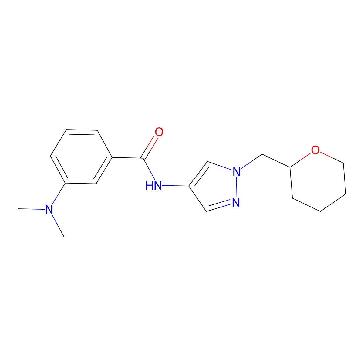 3-(dimethylamino)-N-(1-((tetrahydro-2H-pyran-2-yl)methyl)-1H-pyrazol-4-yl)benzamide molecular structure, CAS 2034557-35-0