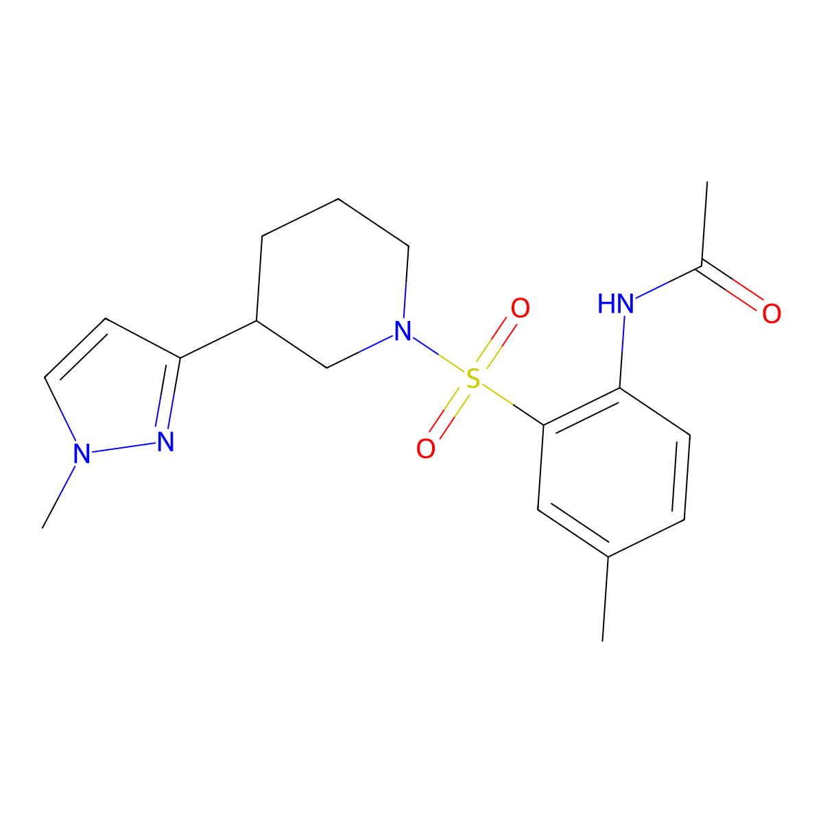 N-(4-methyl-2-{[3-(1-methyl-1H-pyrazol-3-yl)piperidin-1-yl]sulfonyl}phenyl)acetamide molecular structure, CAS 2034557-40-7