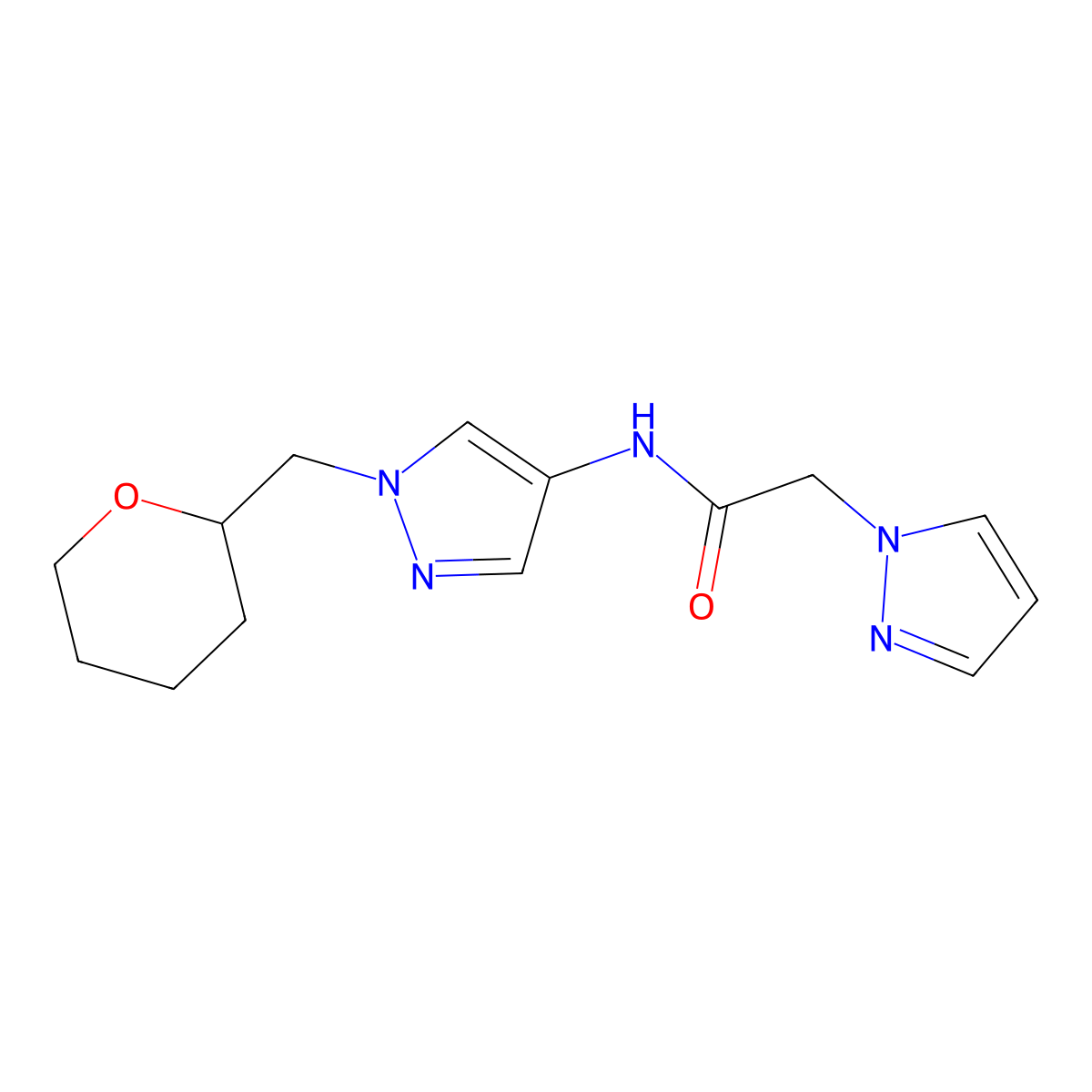 2-(1H-pyrazol-1-yl)-N-(1-((tetrahydro-2H-pyran-2-yl)methyl)-1H-pyrazol-4-yl)acetamide molecular structure, CAS 2034557-43-0