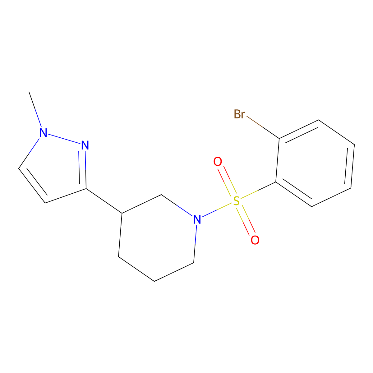 1-((2-bromophenyl)sulfonyl)-3-(1-methyl-1H-pyrazol-3-yl)piperidine molecular structure, CAS 2034557-44-1