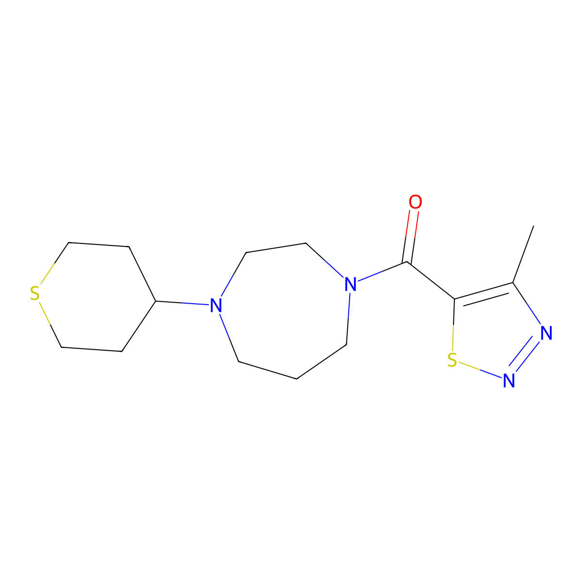 (4-methyl-1,2,3-thiadiazol-5-yl)(4-(tetrahydro-2H-thiopyran-4-yl)-1,4-diazepan-1-yl)methanone molecular structure, CAS 2034557-47-4