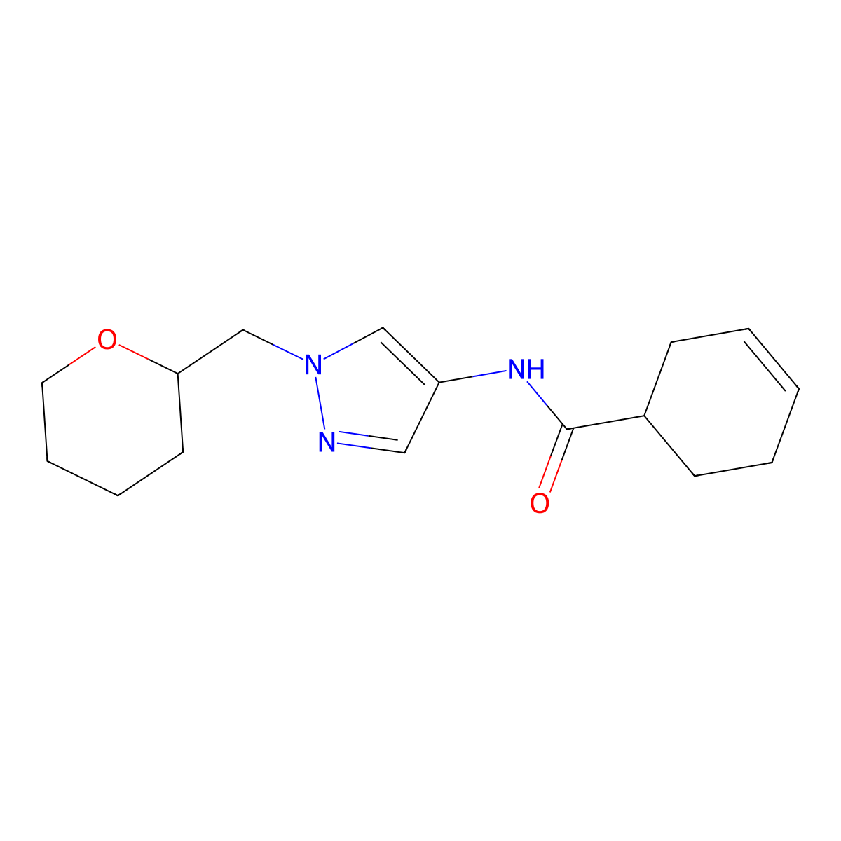 N-(1-((tetrahydro-2H-pyran-2-yl)methyl)-1H-pyrazol-4-yl)cyclohex-3-enecarboxamide molecular structure, CAS 2034557-48-5