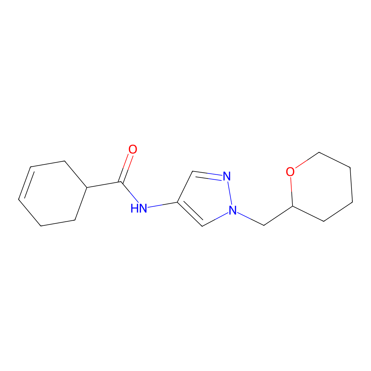 N-(1-((tetrahydro-2H-pyran-2-yl)methyl)-1H-pyrazol-4-yl)cyclohex-3-enecarboxamide molecular structure, CAS 2034557-48-5