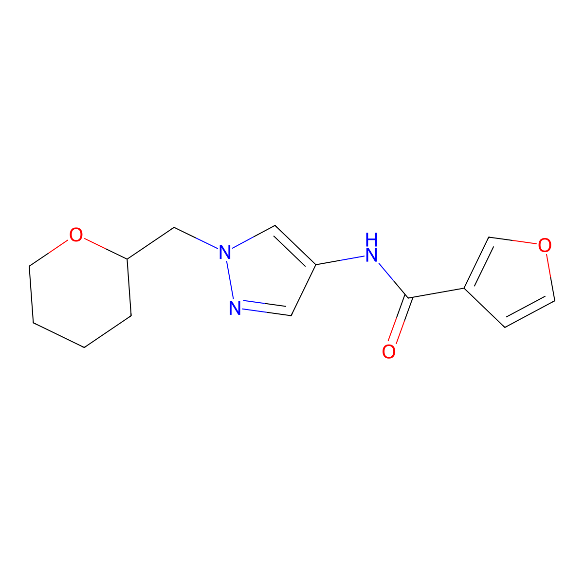 N-(1-((tetrahydro-2H-pyran-2-yl)methyl)-1H-pyrazol-4-yl)furan-3-carboxamide molecular structure, CAS 2034557-50-9