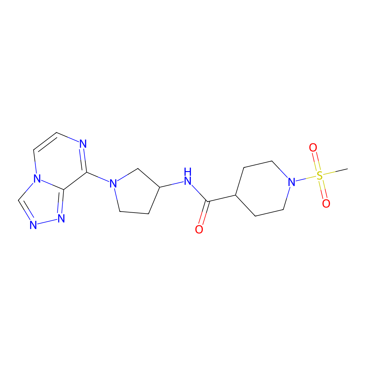 N-(1-([1,2,4]triazolo[4,3-a]pyrazin-8-yl)pyrrolidin-3-yl)-1-(methylsulfonyl)piperidine-4-carboxamide molecular structure, CAS 2034557-61-2