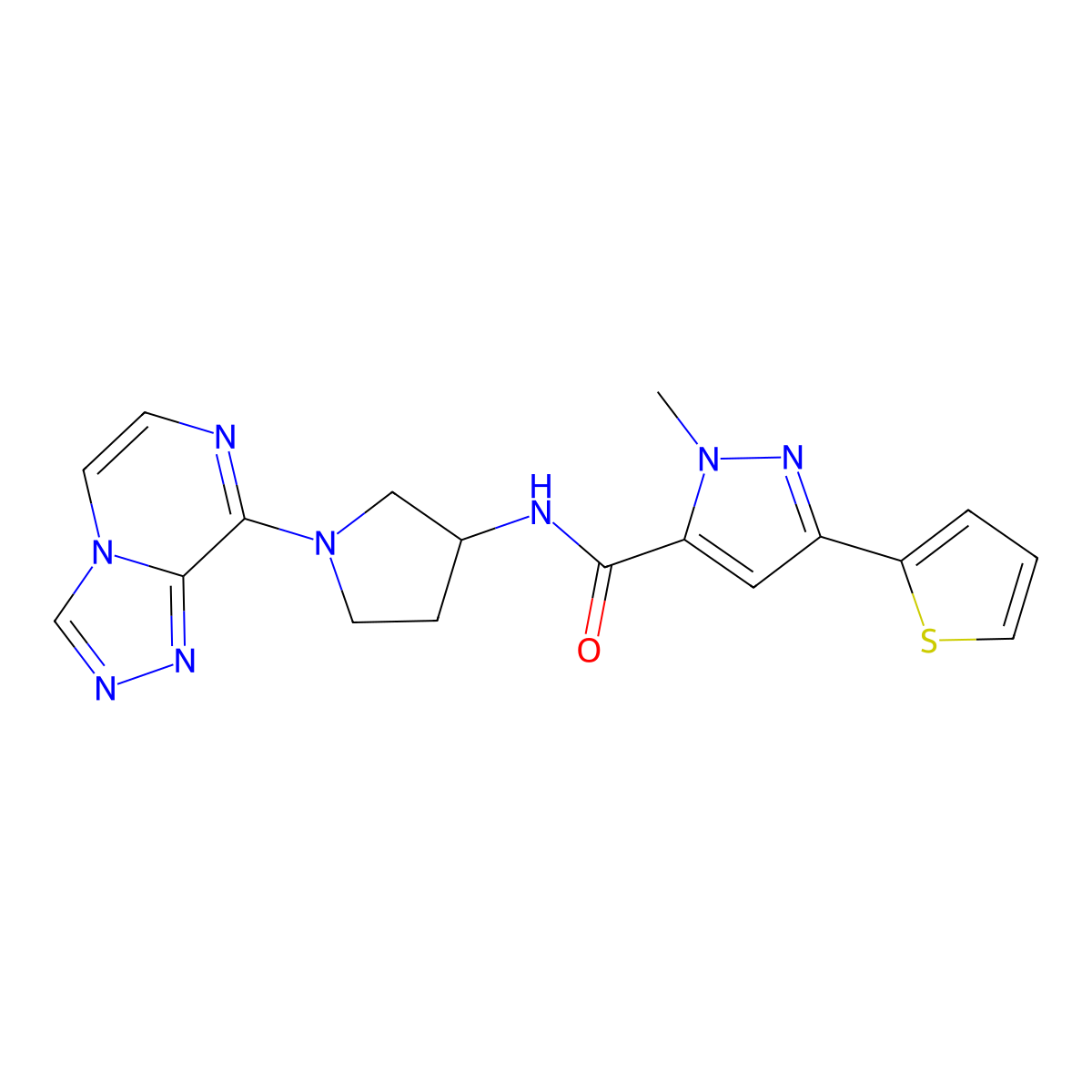 N-(1-([1,2,4]triazolo[4,3-a]pyrazin-8-yl)pyrrolidin-3-yl)-1-methyl-3-(thiophen-2-yl)-1H-pyrazole-5-carboxamide molecular structure, CAS 2034557-68-9