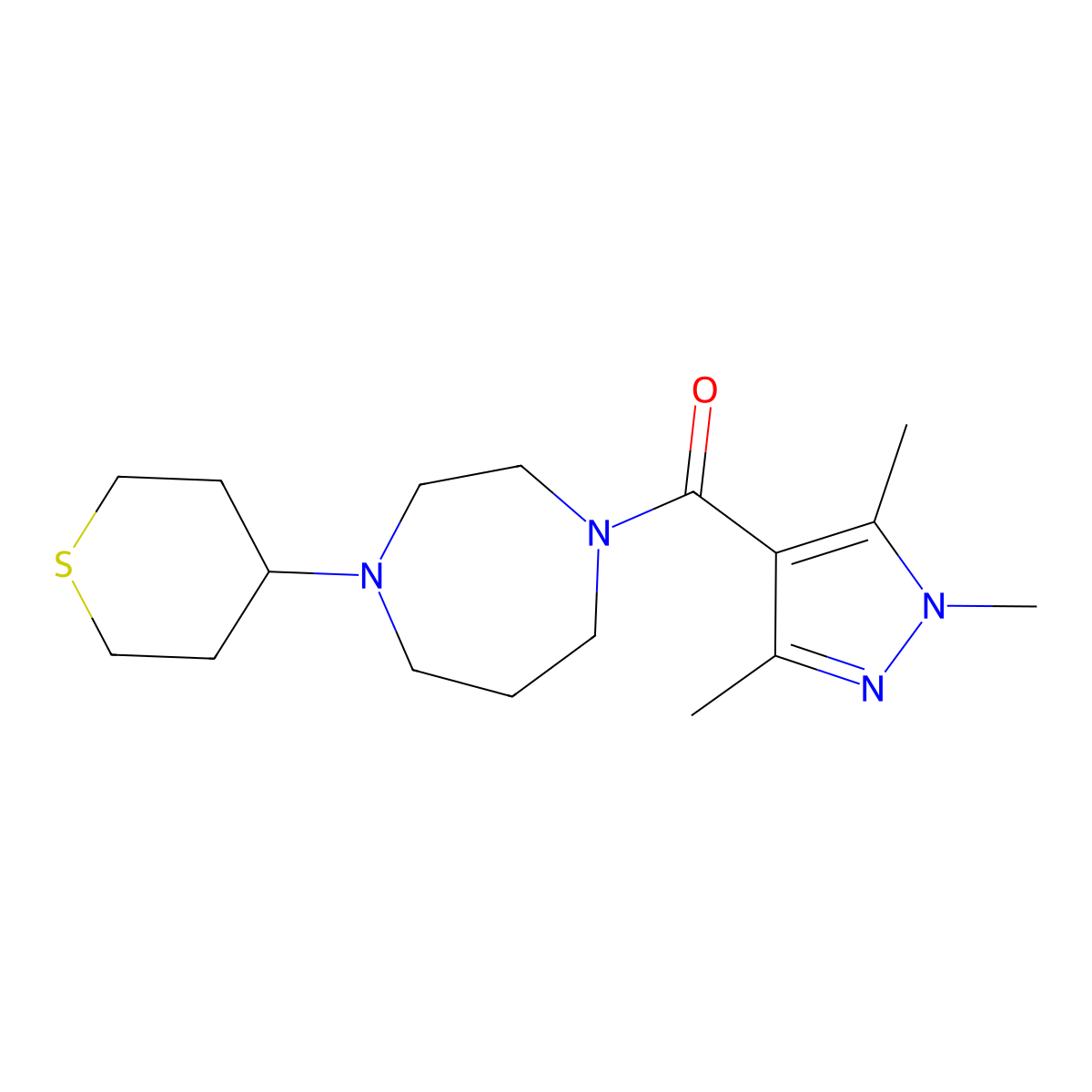 (4-(tetrahydro-2H-thiopyran-4-yl)-1,4-diazepan-1-yl)(1,3,5-trimethyl-1H-pyrazol-4-yl)methanone molecular structure, CAS 2034557-71-4