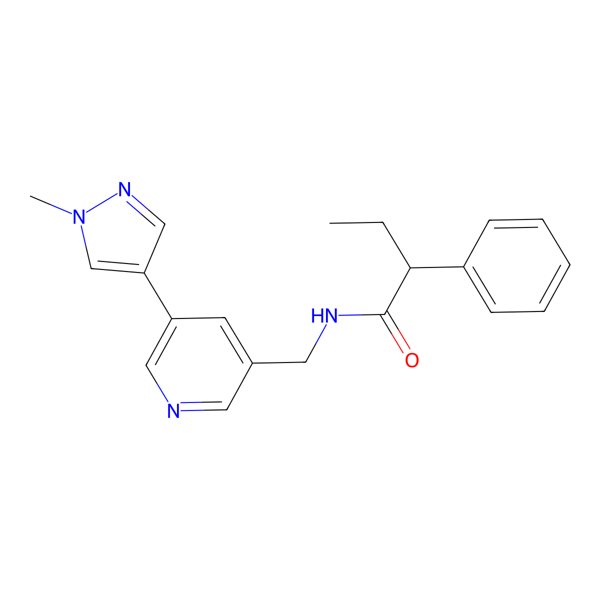 N-{[5-(1-methyl-1H-pyrazol-4-yl)pyridin-3-yl]methyl}-2-phenylbutanamide molecular structure, CAS 2034557-76-9