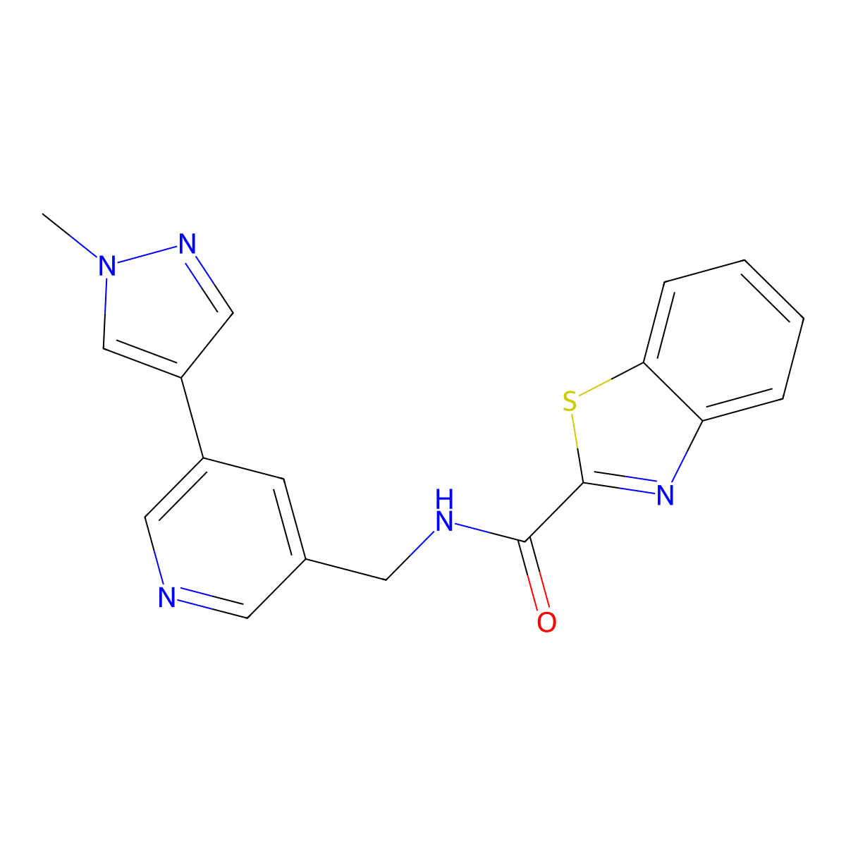 N-{[5-(1-methyl-1H-pyrazol-4-yl)pyridin-3-yl]methyl}-1,3-benzothiazole-2-carboxamide molecular structure, CAS 2034558-05-7