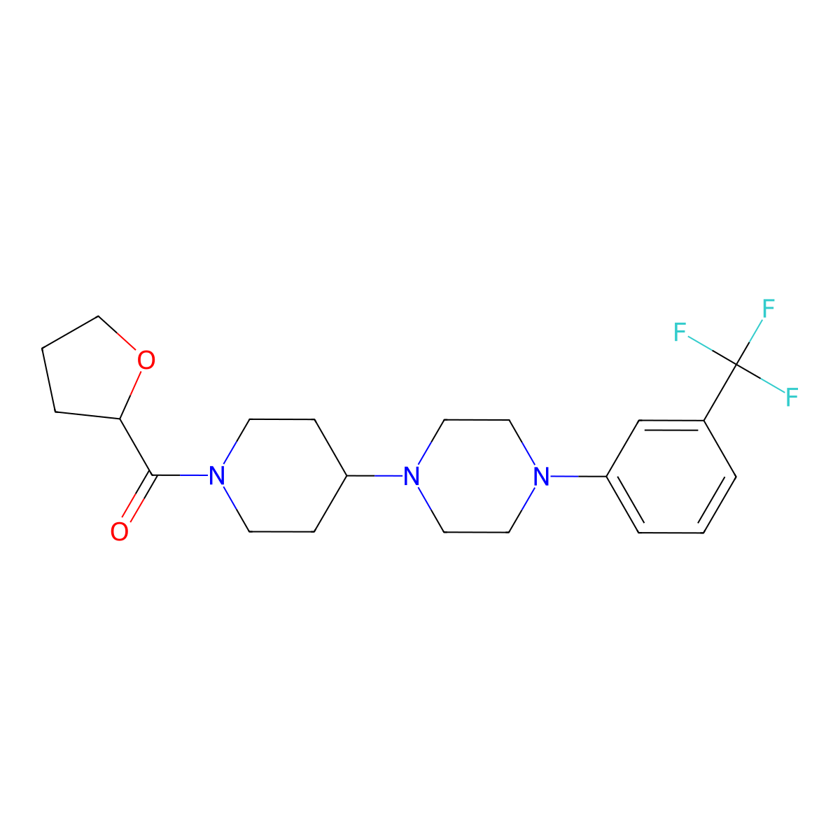 (Tetrahydrofuran-2-yl)(4-(4-(3-(trifluoromethyl)phenyl)piperazin-1-yl)piperidin-1-yl)methanone molecular structure, CAS 2034558-13-7