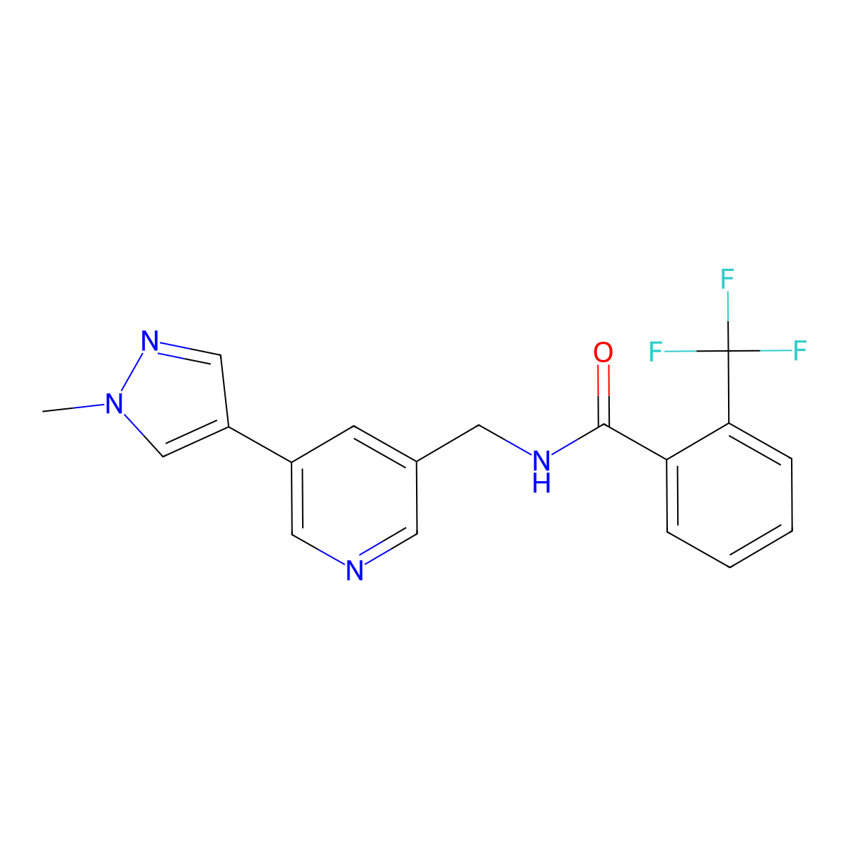 N-{[5-(1-methyl-1H-pyrazol-4-yl)pyridin-3-yl]methyl}-2-(trifluoromethyl)benzamide molecular structure, CAS 2034558-15-9